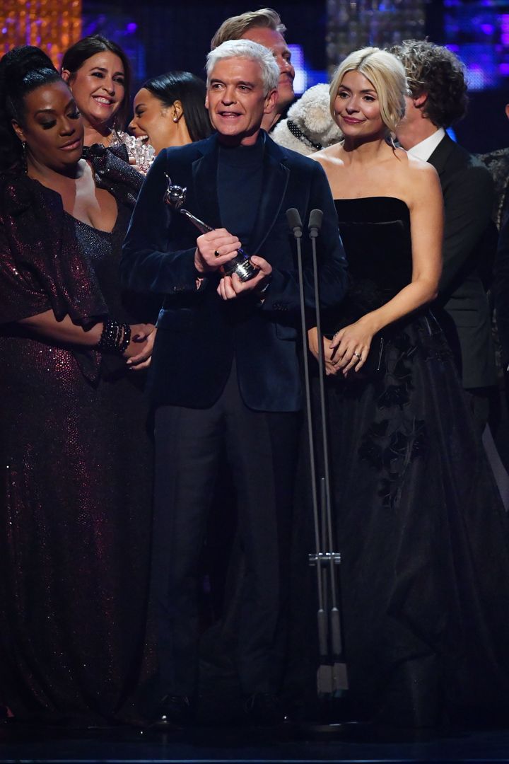 Phillip accepting This Morning's NTA with colleagues Alison Hammond and Holly Willoughby
