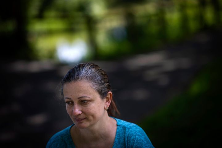 Olga Lopatkina speaks to The Associated press during an interview in a park in Loue, western France, on July 2, 2022. 