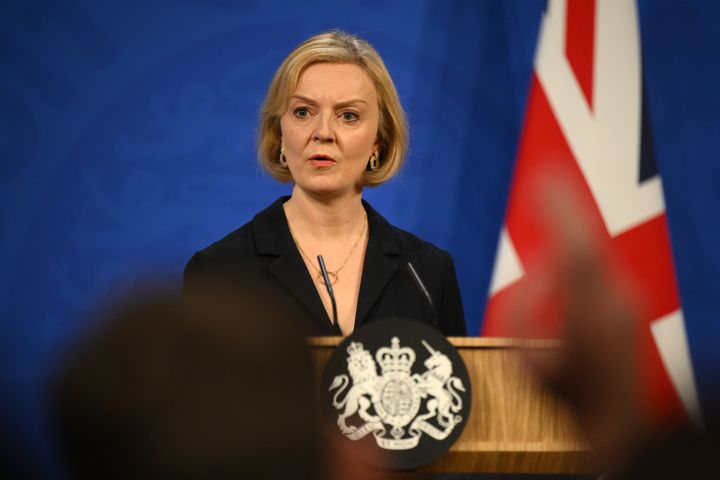 Liz Truss during a press conference in the briefing room at Downing Street.