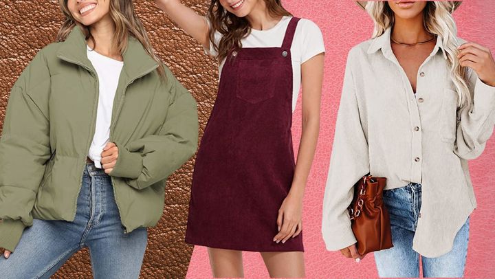 An oversized bubble puffer jacket, a corduroy pinafore dress and a long sleeve corduroy button-up.