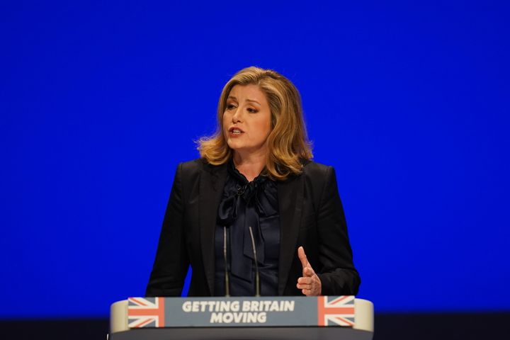 Penny Mordaunt speaking at the Conservative Party annual conference at the International Convention Centre in Birmingham.