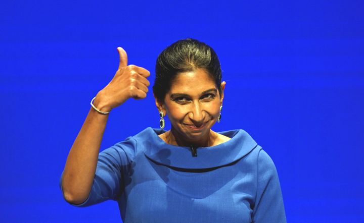 Suella Braverman gives a thumbs up at the Conservative Party conference in Birmingham. 