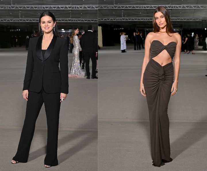 Gomez (left) and Bieber arrive at the Academy Museum Gala.