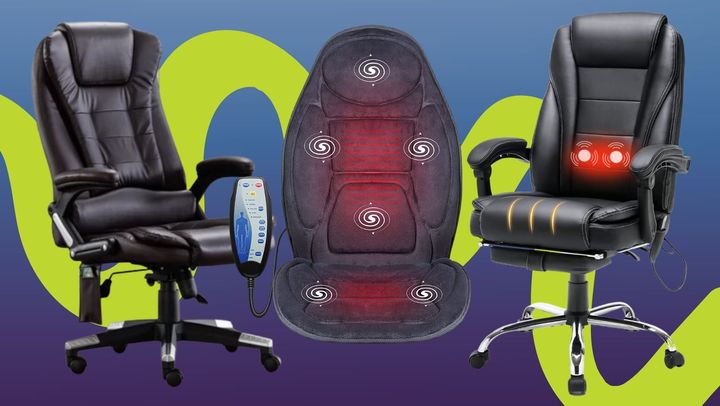 An ergonomic faux leather executive chair, a portable massaging seat cushion and high-backed chair with lumbar support.