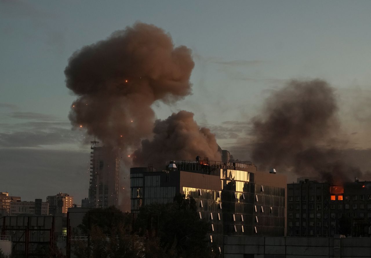 Smoke rises after a Russian drones strike, which local authorities consider to be Iranian made unmanned aerial vehicles (UAVs) Shahed-136, amid Russia's attack on Ukraine, in Kyiv, Ukraine October 17, 2022. 