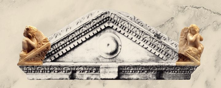 Γραφιστική αποκατάσταση της θέσης των δύο μικρών Ερώτων του Εθνικού Αρχαιολογικού Μουσείου σε κάλυμμα σαρκοφάγου που βρίσκεται στο San Lorenzo fuori le Mure της Ρώμης.