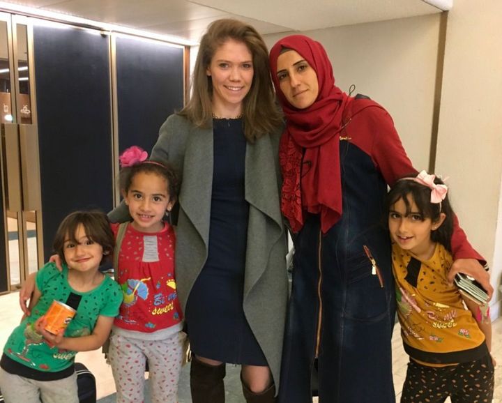 The author (third from left) with Hanadi (second from right) and her daughters, Limar, Bissan and Ritaj (far left, second left and far right) at the U.N. headquarters in Geneva in 2018.