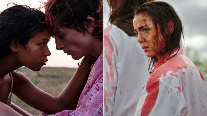 Left to right: Taylor Russell and Timothée Chalamet in "Bones and All," and Garance Marillier in "Raw."