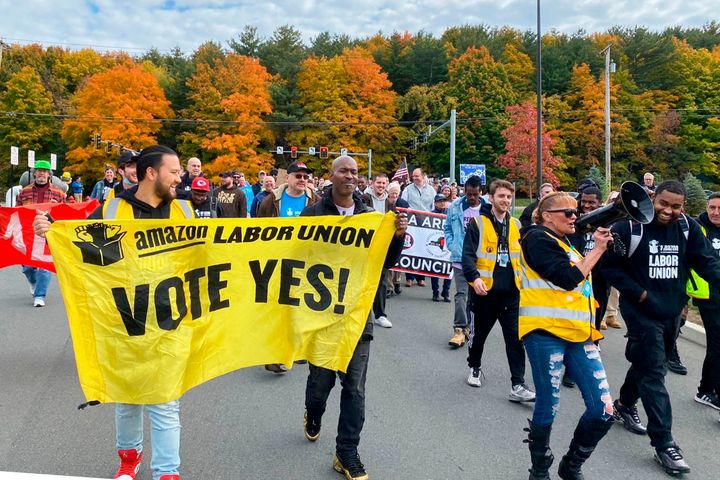 Amazon workers and supporters march during a rally in Castleton-On-Hudson, New York.