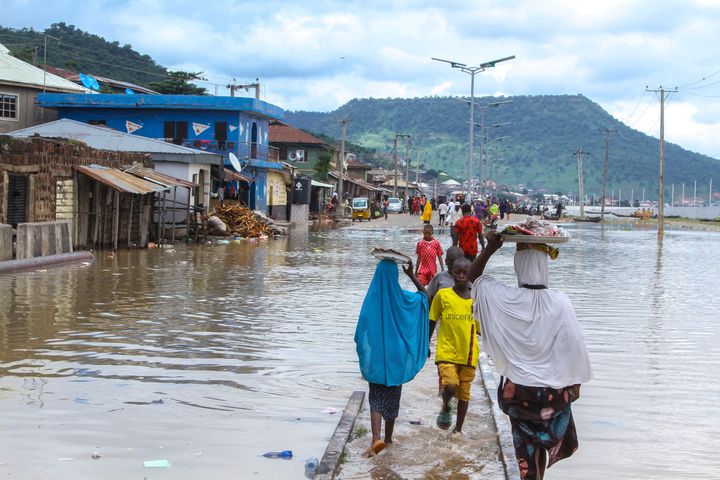 A view of stranded people due to floods following several days of downpours in Kogi Nigeria, on Oct. 6, 2022.