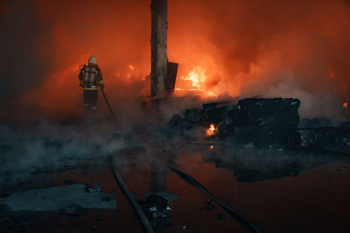 Firefighters work to put out a fire at CHP power station hit by Russian missile on October 10, 2022 in Kyiv, Ukraine.