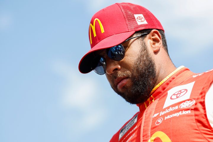 Bubba Wallace is pictured before the race in which he collided with another driver and was suspended for a dangerous maneuver.