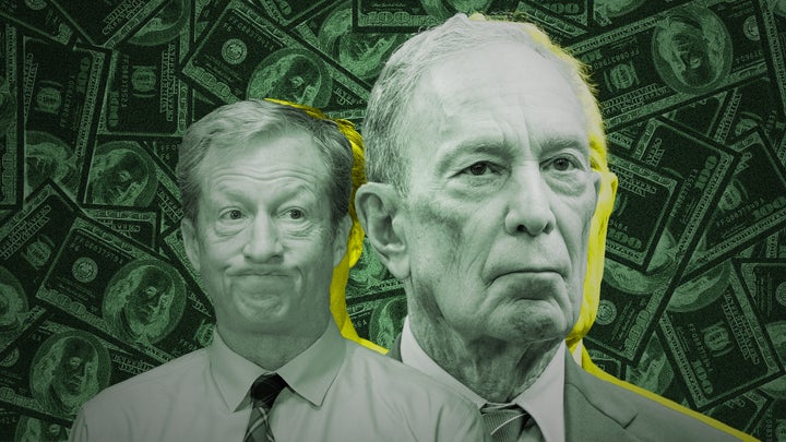 Former presidential candidates Tom Steyer (left) and Michael Bloomberg gave the Democratic Party tens of millions of dollars in the past. While they’re still cutting checks this year, the amounts are smaller.