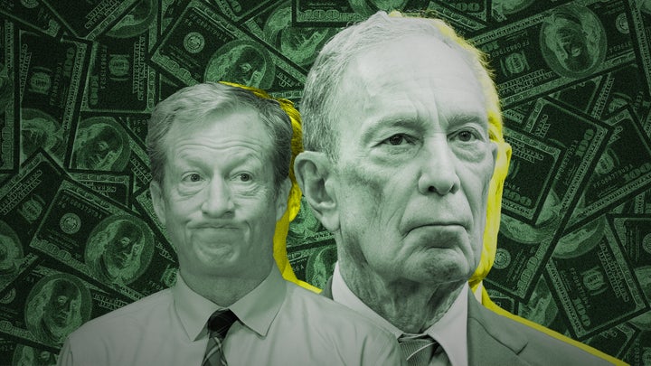 Former presidential candidates Tom Steyer (left) and Michael Bloomberg gave the Democratic Party tens of millions of dollars in the past. While they’re still cutting checks this year, the amounts are smaller.