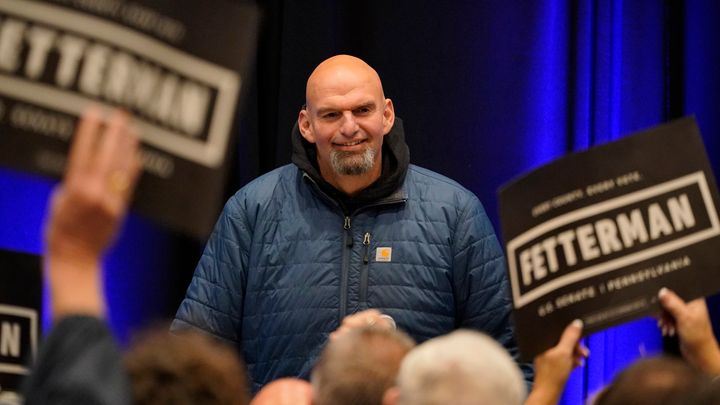 Pennsylvania Lt. Gov. John Fetterman, a Democratic candidate for U.S. Senate, speaks during a campaign event at the Steamfitters Technology Center in Harmony, Pennsylvania, on Tuesday.