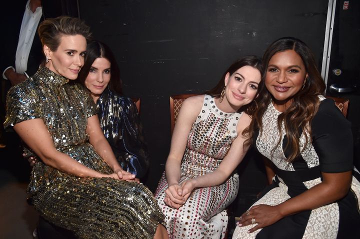 From left to right: Actors Sarah Paulson, Sandra Bullock, Anne Hathaway and Mindy Kaling attend the event CinemaCon 2018 on April 24, 2018, in Las Vegas.