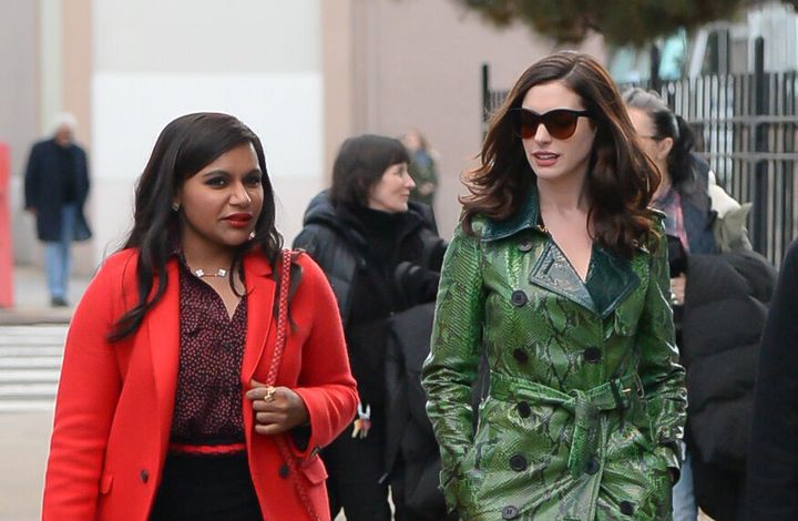 Kaling (left) and Hathaway are seen on the set of the film "Ocean's 8" on Dec. 3, 2016, in New York City.