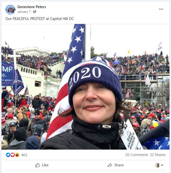 Genevieve Peters, a right-wing activist who is now an elections trainer and poll worker recruiter in Michigan, has said the 2020 election was “stolen” and “fraudulent” and was present on restricted Capitol grounds on Jan. 6, 2021. 