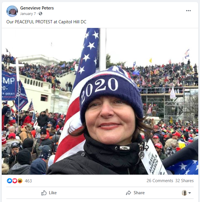 Genevieve Peters, a right-wing activist who is now an elections trainer and poll worker recruiter in Michigan, has said the 2020 election was “stolen” and “fraudulent” and was present on restricted Capitol grounds on Jan. 6, 2021.