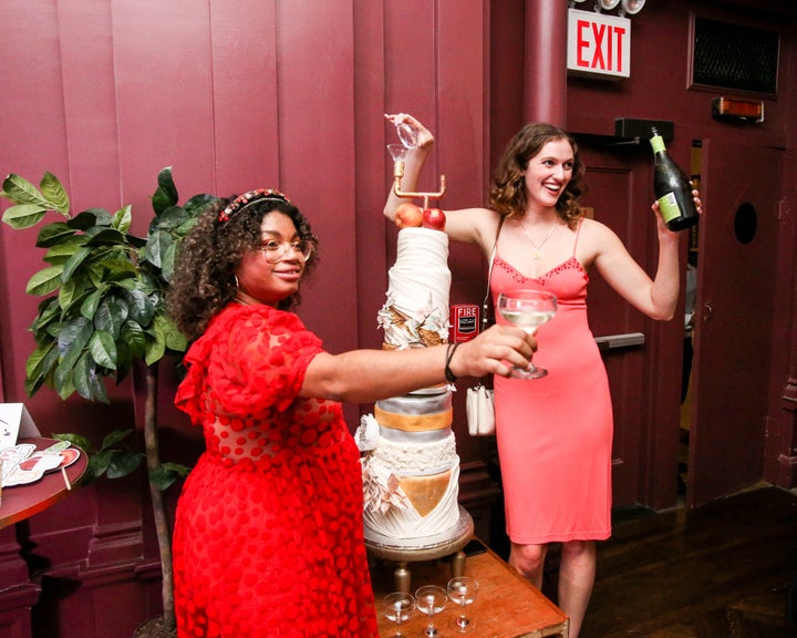 Nelini Stamp (left) and Stella Milinich do a "diamond pour" through their cake in a nod to "The Real Housewives of Beverly Hills."