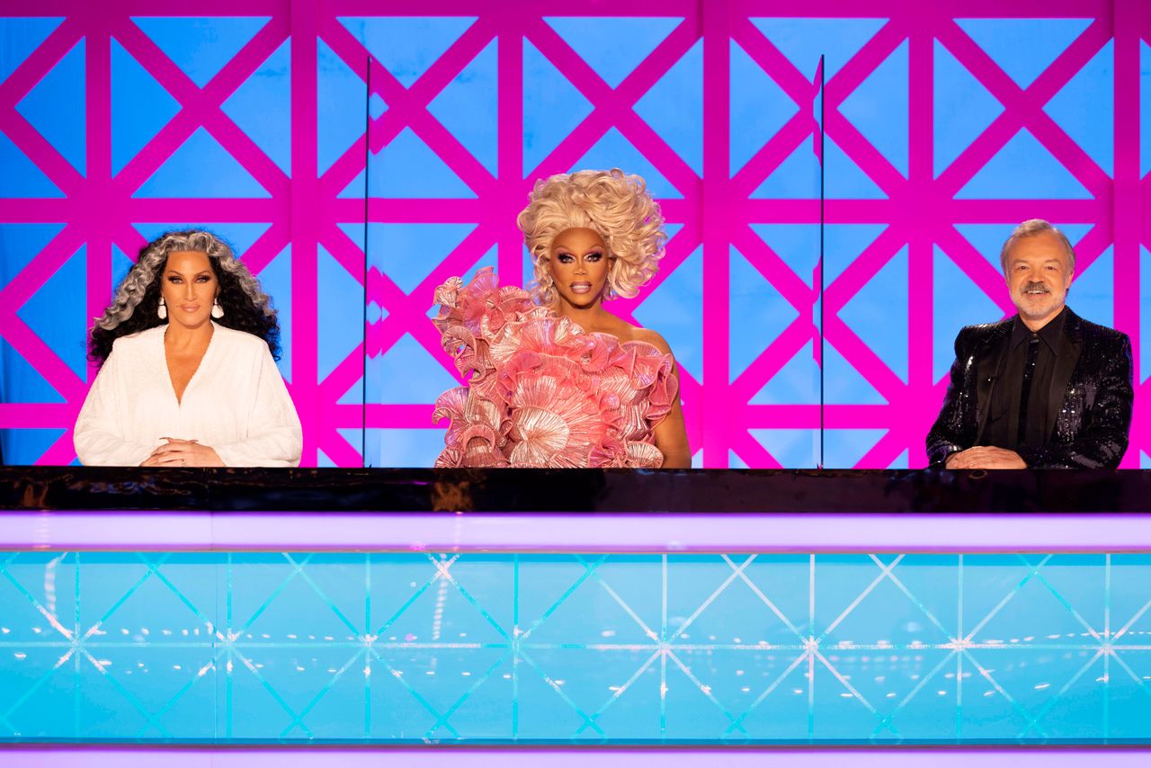 Michelle on the Drag Race UK panel with RuPaul and Graham Norton