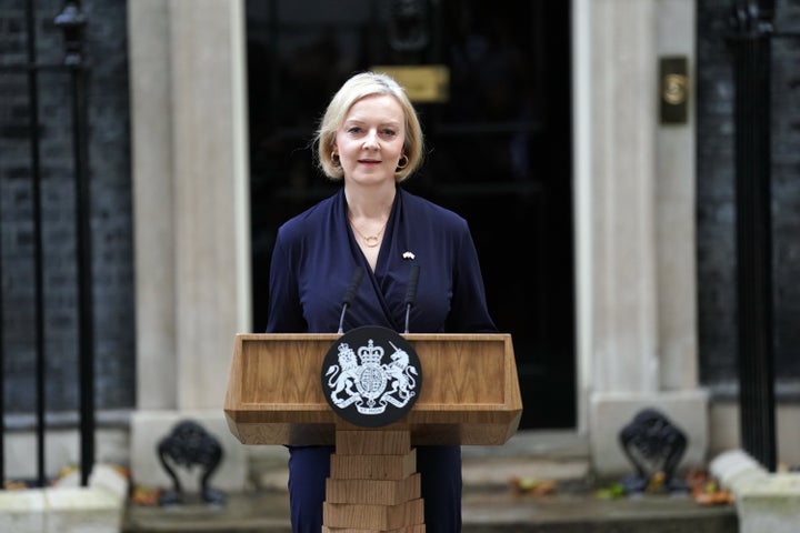 Liz Truss making a statement outside 10 Downing Street, London