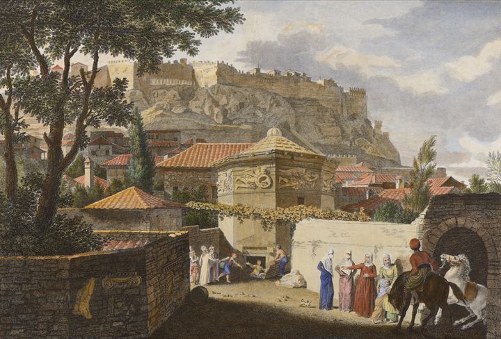 Work by J. Stuart and N. Revett.  The Hellenistic monument of the Aeris in Ottoman Athens was integrated into the houses and gardens of the city.  Courtesy Takis Kamarinou Collection