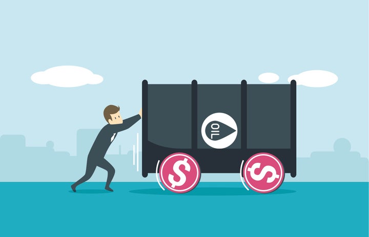 man pushing oil barrel with money, Here is a vector file that splits all elements