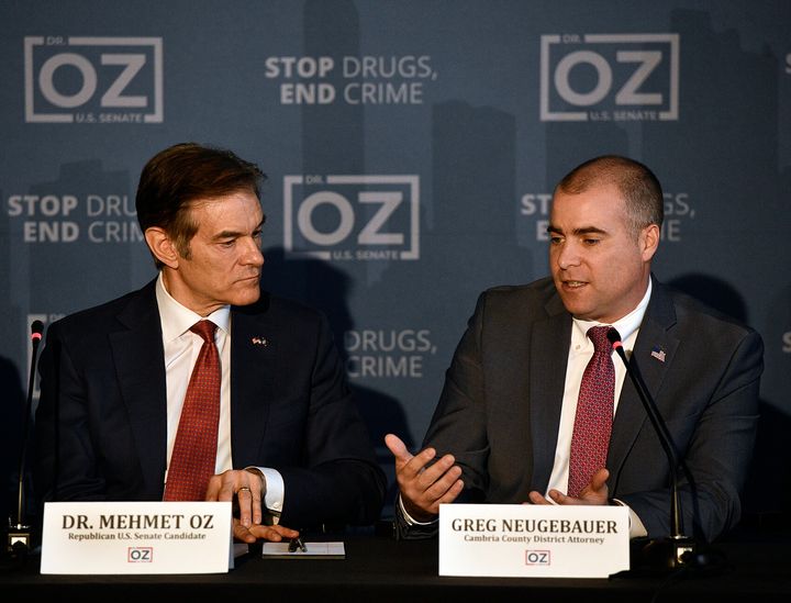 Cambria County District Attorney Greg Neugebauer (right) talks to Mehmet Oz, Republican nominee for U.S. Senate in Pennsylvania, on what he deals with as a district attorney dealing with drug-related crimes during a Safer Streets Community Discussion on Tuesday.