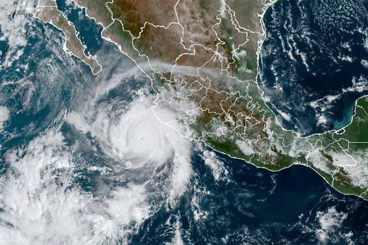 This satellite image taken at 15:30 UTC and provided by NOAA shows Hurricane Roslyn approaching the Pacific coast of Mexico, Saturday, Oct. 22, 2022. Roslyn grew to Category 4 force on Saturday as it headed for a collision with Mexico’s Pacific coast, likely north of the resort of Puerto Vallarta. (NOAA via AP)