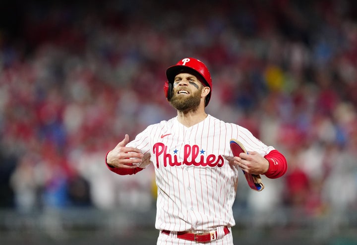 Philadelphia Phillies Bryce Harper awaits his first pitch in a Phillies  uniform