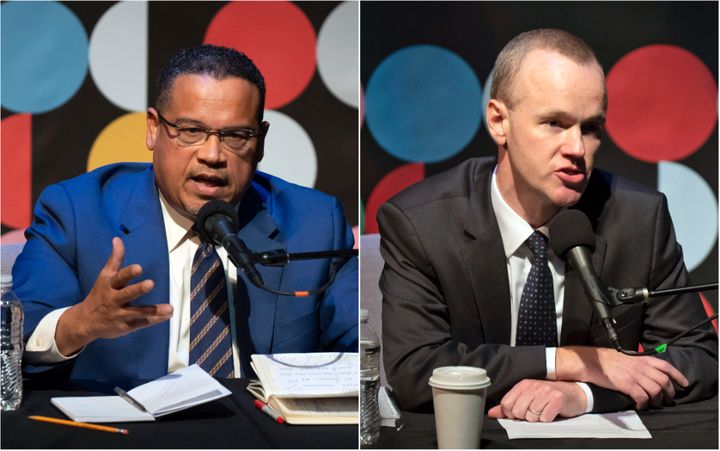 Democratic Minnesota Attorney General Keith Ellison (left) and Republican challenger Jim Schultz, seen here debating on Oct. 14, reunited on Sunday night for their fourth and final debate.