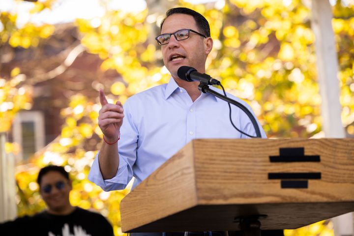 Pennsylvania Attorney General Josh Shapiro speaks at a Philadelphia event hosted by the labor union SEIU on Oct. 15. The Democrat's prosecution of exploitative employers has endeared him to organized labor.