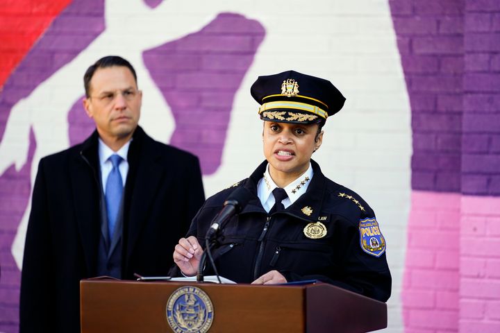 Philadelphia Police Commissioner Danielle Outlaw is joined by Shapiro at a news conference on Dec. 14, 2021, about a drop in crime in the city. Shapiro has been endorsed by a number of law enforcement officials and labor unions.