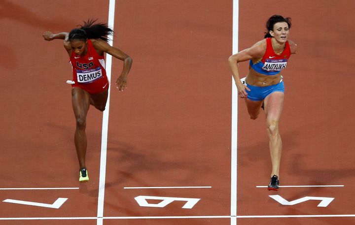 Russian runner Natalya Antyukh, right, was disqualified on Monday from her 400-meter hurdles win at the 2012 London Olympics for doping, and Lashinda Demus, left, of the United States is set to be upgraded to the gold medal.