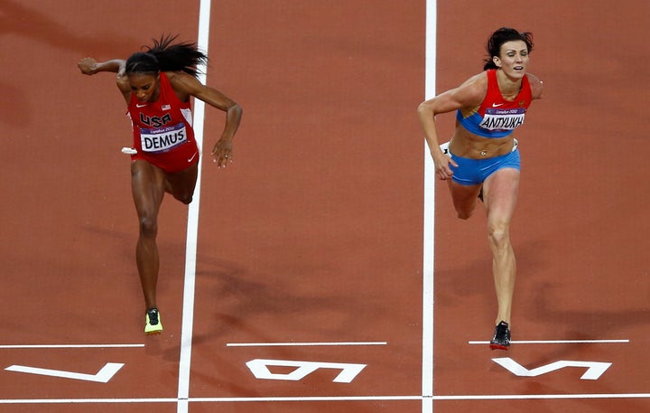 Russian runner Natalya Antyukh, right, was disqualified on Monday from her 400-meter hurdles win at the 2012 London Olympics for doping, and Lashinda Demus, left, of the United States is set to be upgraded to the gold medal.