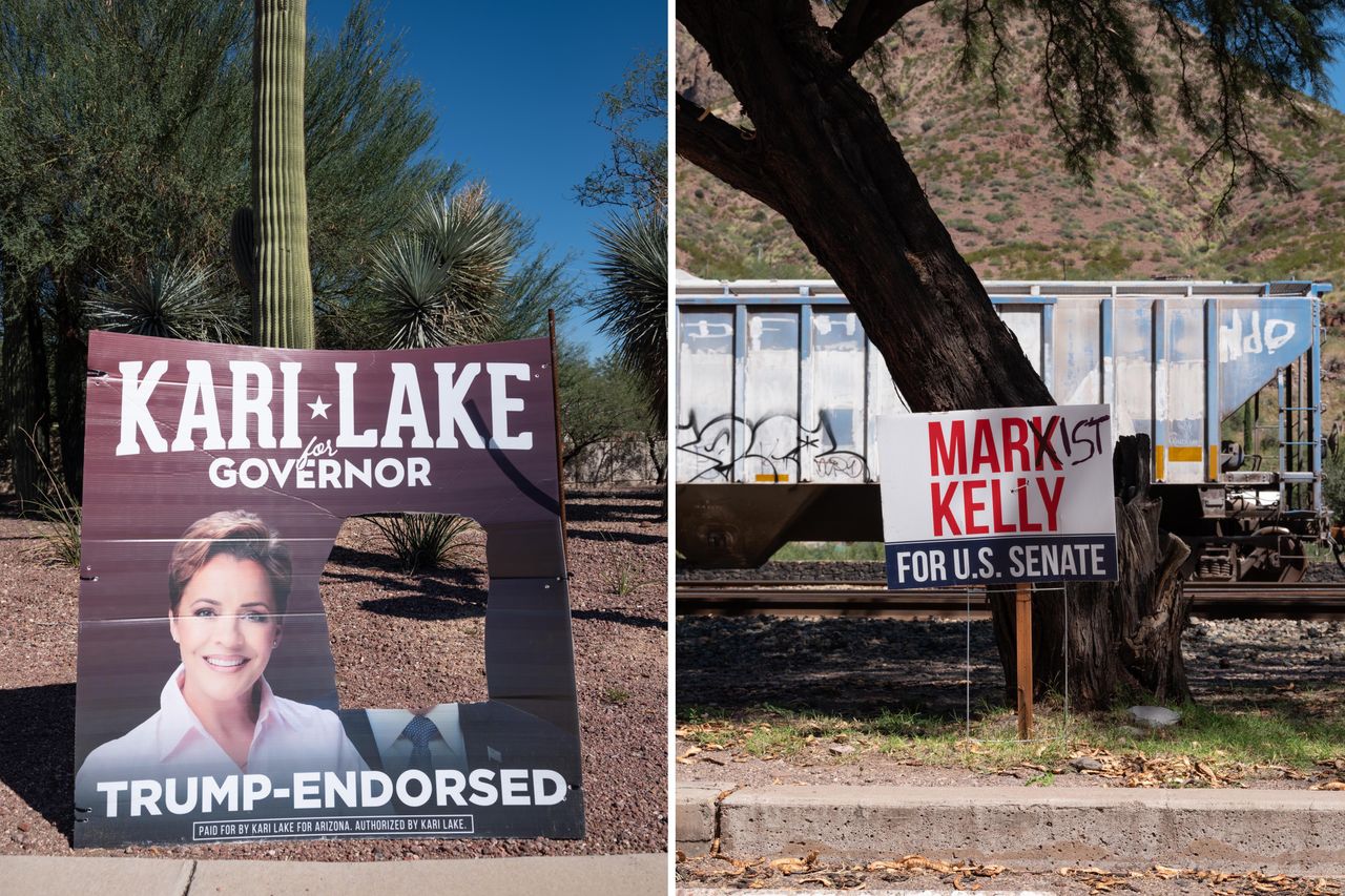 LEFT: In Tucson's Catalina Foothills, a sign for Republican Kari Lake sports a hole where Trump's face once was displayed. RIGHT: A sign in Clifton, Arizona, for Sen. Mark Kelly, a registered Democrat, is defaced to read “Marxist Kelly” instead. 