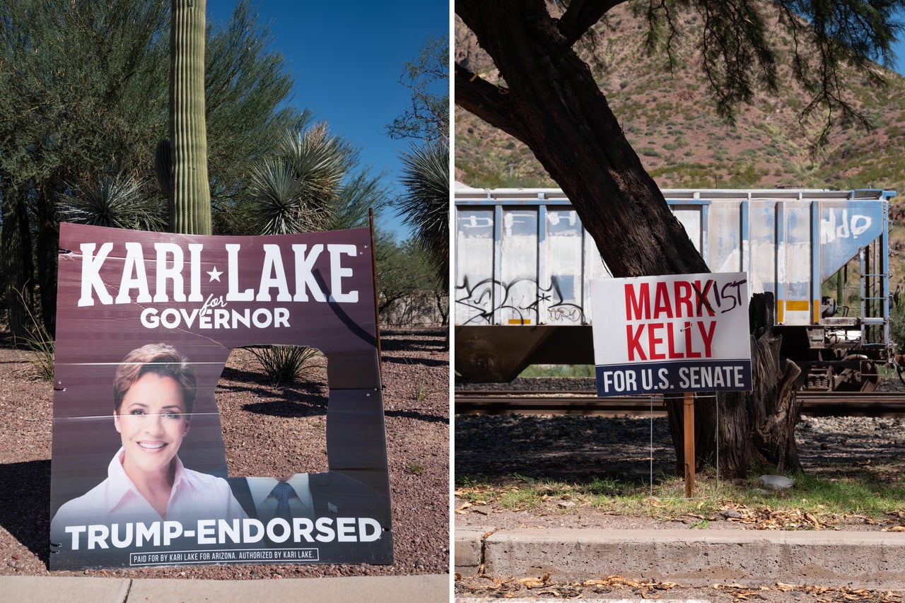 LEFT: In Tucson's Catalina Foothills, a sign for Republican Kari Lake sports a hole where Trump's face once was displayed. RIGHT: A sign in Clifton, Arizona, for Sen. Mark Kelly, a registered Democrat, is defaced to read “Marxist Kelly” instead.