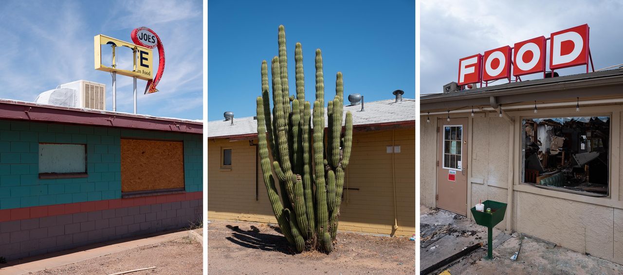 LEFT: A defunct roadside restaurant along Old Rt. 66 in Winslow, Arizona. MIDDLE: A large cactus emerges from the ground outside a motel in Mesa, Arizona. RIGHT: A burned-out restaurant in Benson, Arizona.