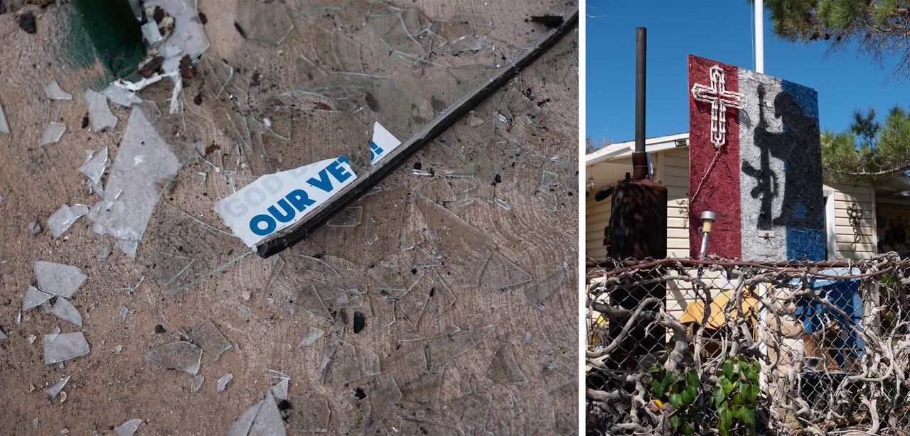 LEFT: A faded and damaged sticker, which once read “God Bless Our Vets,” lies on the ground of a former restaurant in Benson. RIGHT: A yard decoration in Morenci, Arizona, references military veterans.