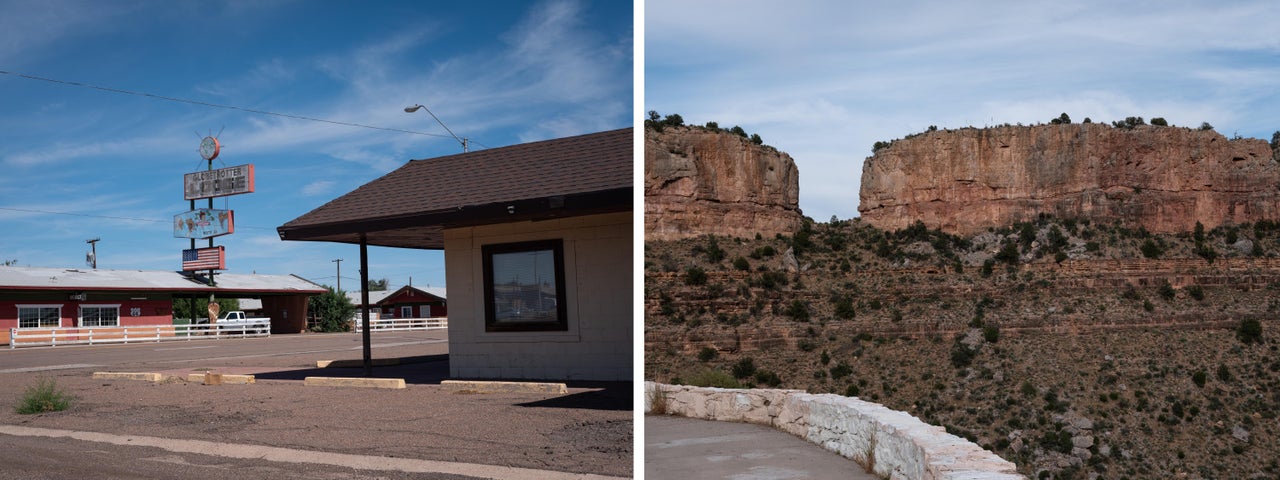 LEFT: View of a motel and other buildings along Old Rt. 66 in Holbrook, Arizona. RIGHT: View from the Becker Butte Lookout point in Salt River Canyon, on the White Mountain Apache Reservation.