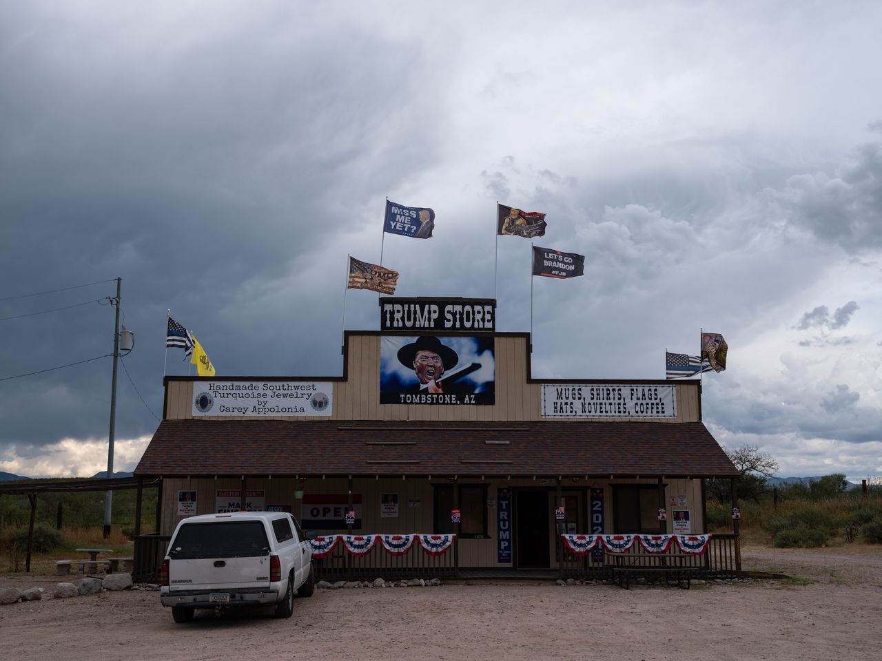 A store selling Trump memorabilia, signs and flags sits near the entrance to Tombstone, Arizona.