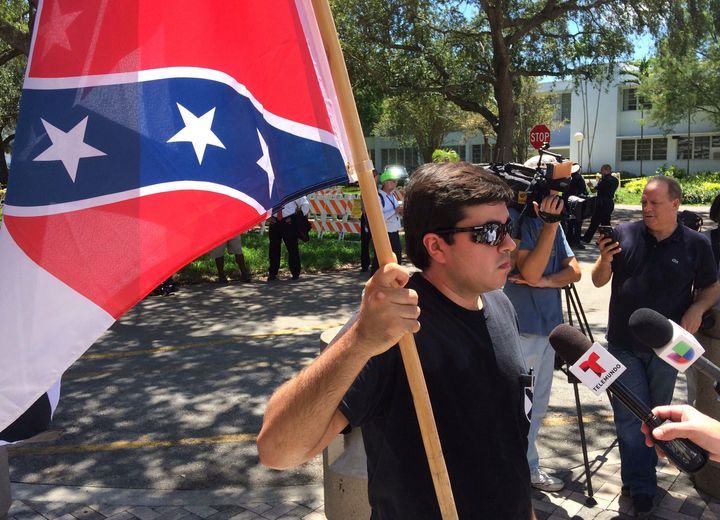 This Aug. 30, 2017, file photo shows Christopher Monzon at rally outside Hollywood, Florida, City Hall.