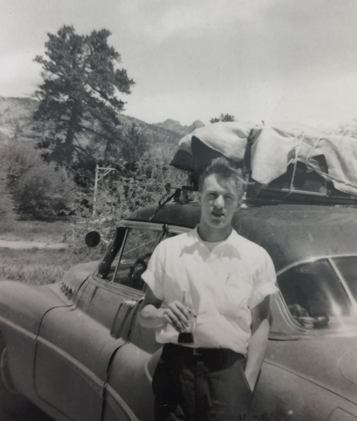 Newly married Dad, driving west in 1957.