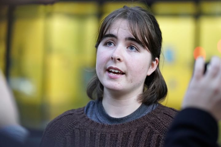 Madeleine Budd speaks to the media outside Westminster Magistrates' Court in London after being sentenced to a 21-week prison term, suspended for 18 months.