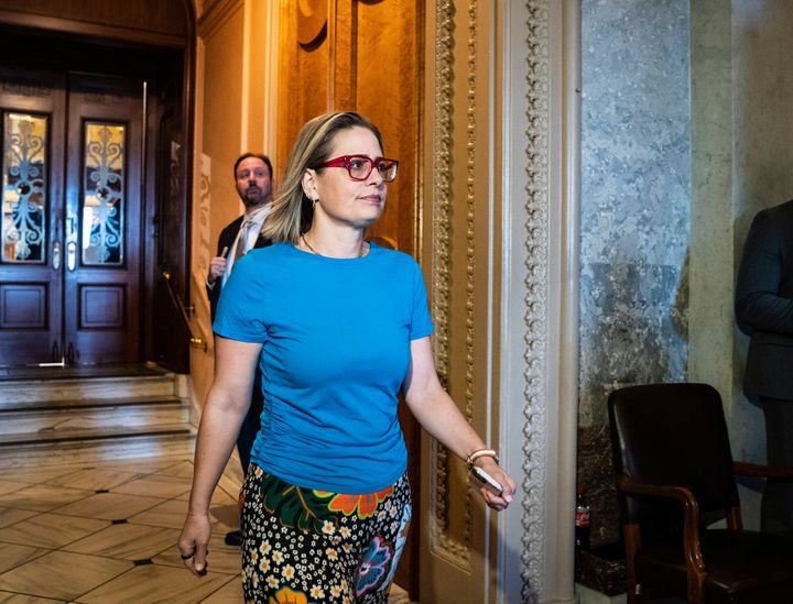 Sen. Kyrsten Sinema (D-Ariz.) departs after a vote on Capitol Hill on May 19.