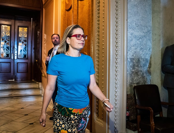 Sen. Kyrsten Sinema (D-Ariz.) departs after a vote on Capitol Hill on May 19.