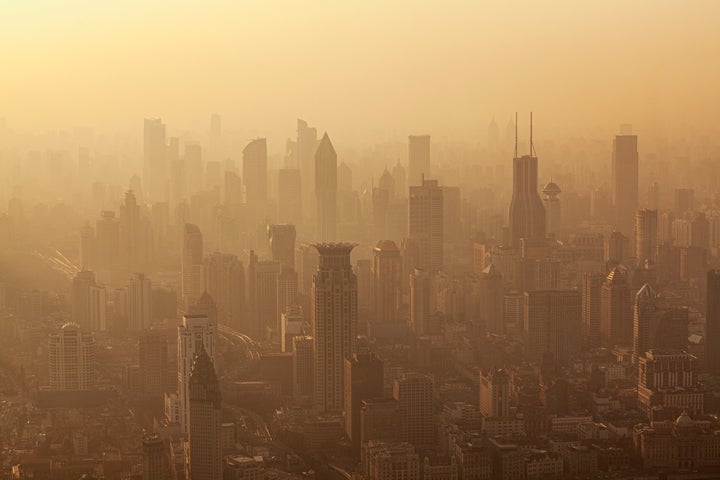 Air pollution seen over Shanghai's Puxi District buildings at dusk, China