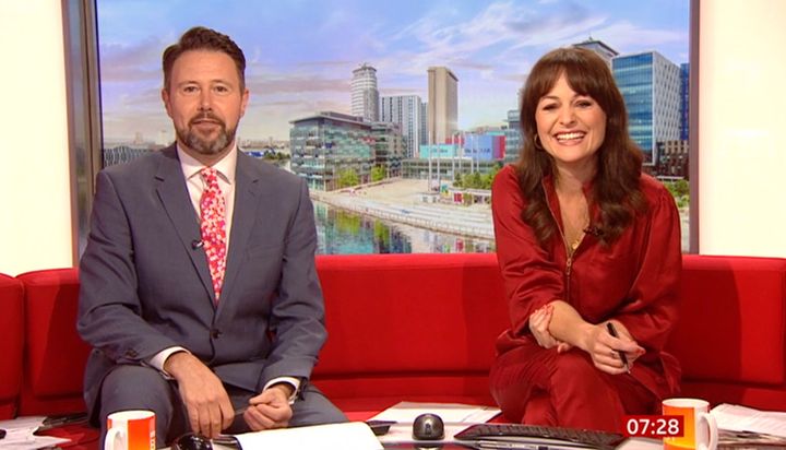 BBC Breakfast presenters Jon Kay (left) and Victoria Valentine (right) as she appeared with her new name on Wednesday. 