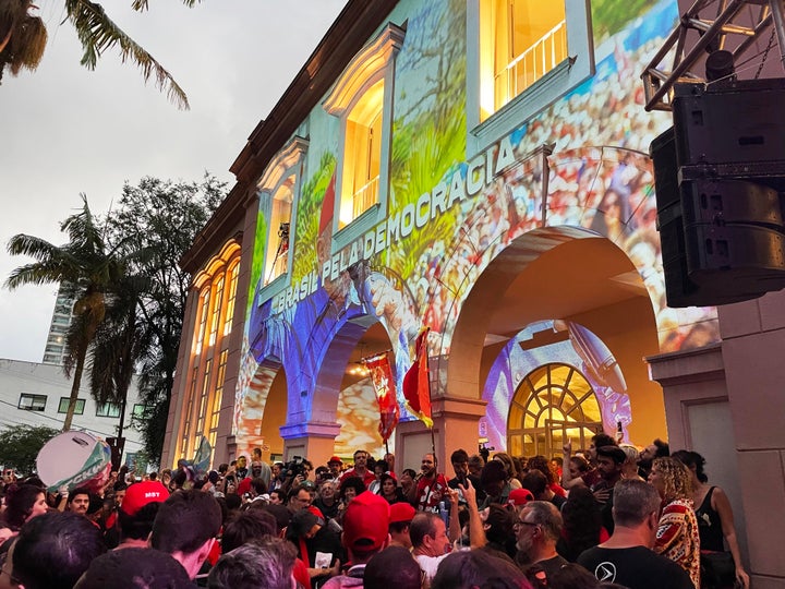 Crowds gather outside the Teatro Tuca in São Paulo, Brazil, for an election event featuring leftist former President Luiz Inacio Lula da Silva. The theater has served as a symbol of Brazilian democracy since 1977, when Brazil's military dictatorship violently put down a student demonstration outside of it.